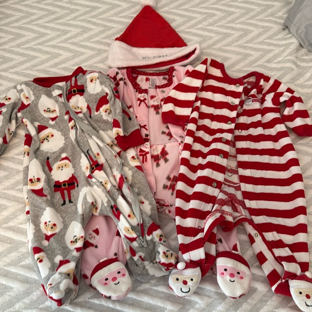 Carters bundle of 3 Christmas footie onesies and my first Christmas fleece hat